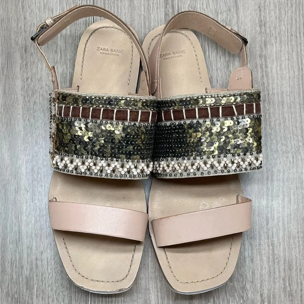 ZARA Basic Sandals Size 40 US 9.5 Boho Sequin Embellished Slingback Flats Pink